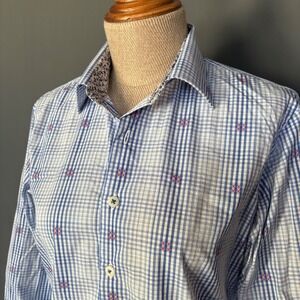 Robert Graham Plaid Shirt | Size 14-16 Large | White & Blue‎